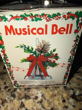Vintage Musical Holiday Silver Bell Decoration with Red Berries and Green Holly